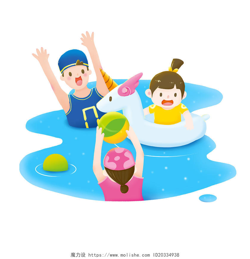 亲子游戏一家人游泳玩水嬉戏手绘插画素材